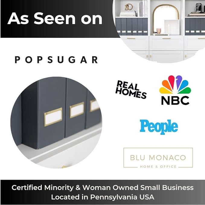 BLU MONACO Set of 6 Foldable Grey Magazine Holders with Gold Label Holders – Stylish File Boxes for Home Office Desktop, Bookshelf, or Classroom Organization