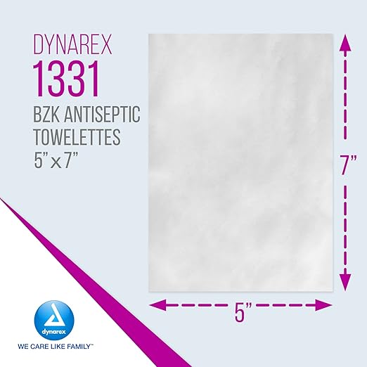 Dynarex BZK Antiseptic Towelettes - 5"x7" - Benzalkonium Chloride, Hand Sanitizing Wipes or First Aid Wound Wipes, 1 Case of 1000 (Packaging May Vary)