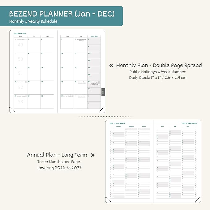 BEZEND Pocket Calendar 2026 Weekly and Monthly (3.5" x 6") Small Daily Planner for Purse (Jan-Dec) with Notes & Expenses, Inner Pocket, Pen Holder, Vegan Leather Hardcover - Dark Green