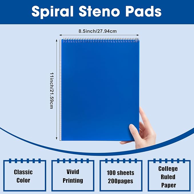 Faccito 12 Pack Top Steno Spiral Notebooks Bulk Top Bound Steno Pads Spiral Book11 x 8-1/2" 100 Sheets College Ruled Paper Notebooks for Office School University Work Supplies (Black,Blue)