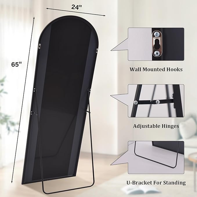 HARRITPURE 65"x24" Arched Full Length Mirror Free Standing & Wall-Mounted Full-Length Mirror with Stand Modern Black Mirror for Living Room Bedroom Cloakroom Aluminum Frame