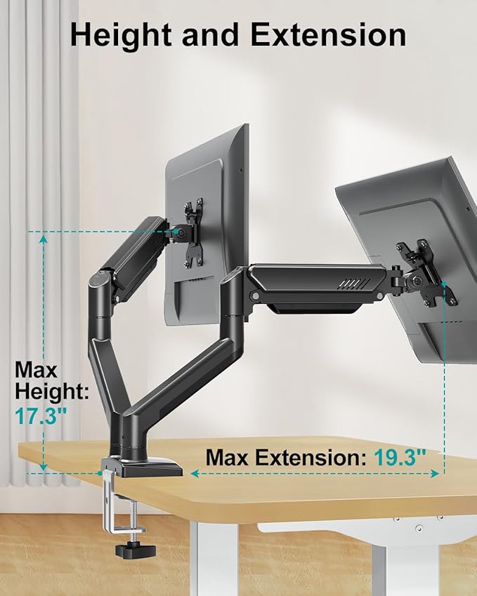 Dual Monitor Desk Mount - Adjustable Monitor Arm for 2 Monitors up to 32 inches/19.8 lbs, Double Monitor Desk Stand VESA Bracket with C-Clamp & Grommet Mounting, Swivel Computer Screen Mount, Freelift