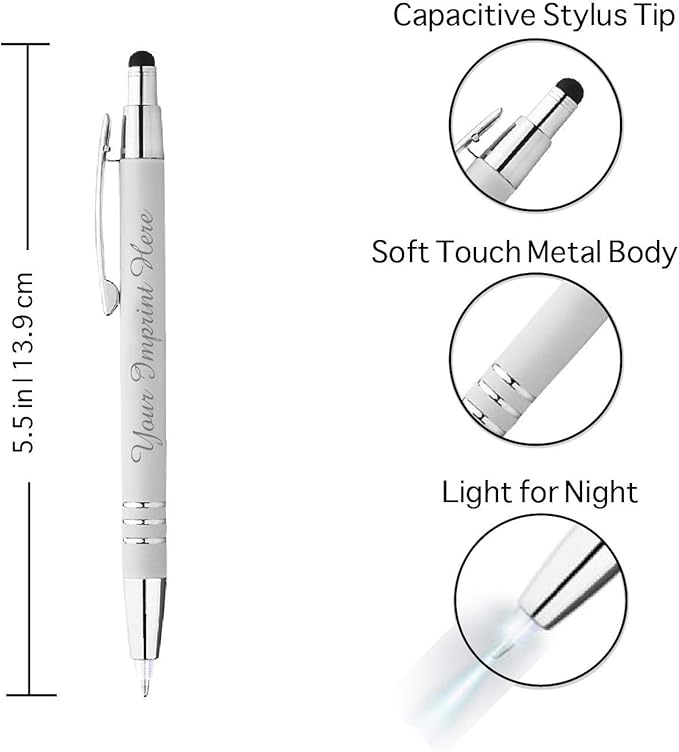 ExpressDesigns™ - Personalized Pens Gift Set - 2 Pack of | LED Flashlight Soft Touch Metal Pens w/gift box | Luxury Ballpoint Pen Custom Engraved with Name or Message | Light Up Pens (White)