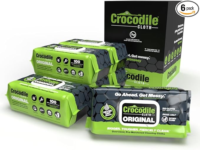 Crocodile Cloth Original Cleaning Wipes, 600 Count (6 Packs of 100) – Heavy-Duty 15” x 10” Multi-Surface Shop Wipes, Water-Based, Safe on Skin, Cuts Grease, Grime & Dirt