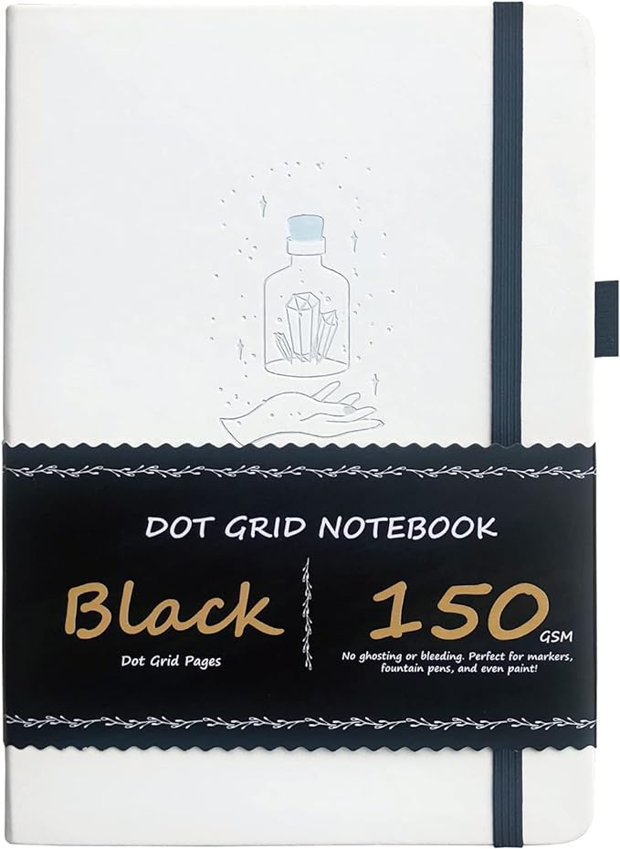 BUKE Dotted Journal A5 Hardcover Notebook- 160 Dot Grid Pages 150g Black Paper - Black PU Leather Hardcover 5.75" x 8.5" and Gift Box Mystery Bottles (BKB-2)