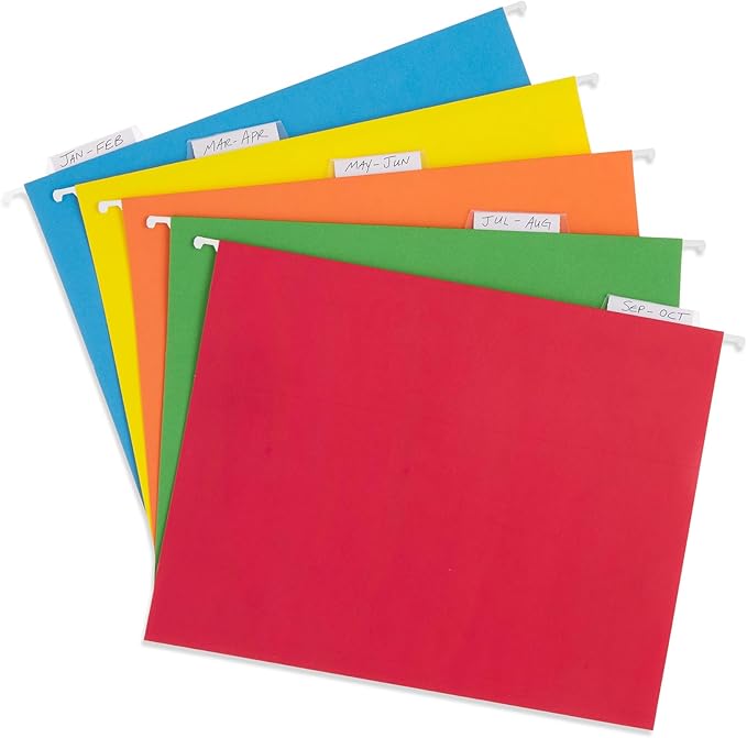 Blue Summit 75 Pack Colored Hanging File Folders Letter Size No Expansion, Colored Hanging File Folders Bulk, Assorted Colors, Designed for Bulky Files, Medical Charts, 1/5 Tabs