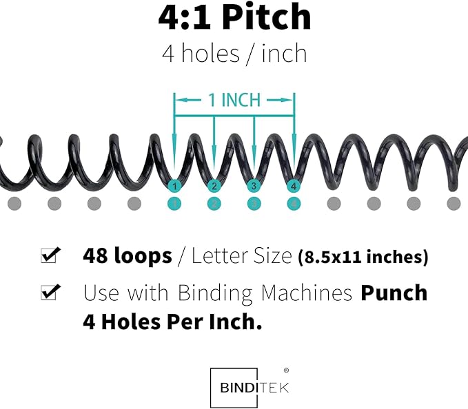 Binditek 50 Pack Plastic Spiral Binding Coils, 32mm (1-1/4"), 280 Sheet Capacity, 4:1 Pitch, Black, 48 Loops, for Letter Size, for Students and Coworkers