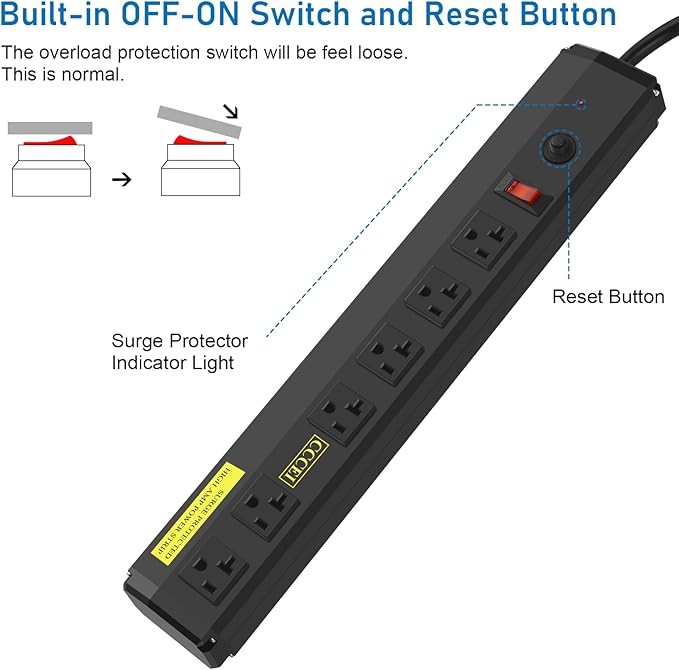 CCCEI Heavy Duty Power Strip Surge Protector 20 Amp, High Amp Industrial Shop Garage Metal Multiple Outlets, 12 FT 12 Gauge 5-15P Extension Cord 6 Outlet 6-20R T-Slot 20a for Appliance, Black.