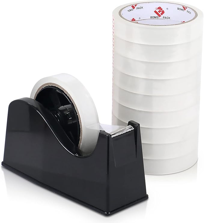 BOMEI PACK Desktop Tape Dispenser (Fits 1" & 3" Core) with Transparent Tape Refills, Clear Tape with Black Tape Holder,Weighted Non Slip Base, for Masking Tape,Heat Resistant Tape
