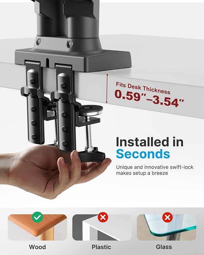 HUANUO Dual Monitor Stand - Full Adjustable Monitor Desk Mount Swivel Vesa Bracket with C Clamp, Grommet Mounting Base for 13 to 32 Inch Computer Screens - Each Arm Holds 4.4 to 19.8lbs -Grey