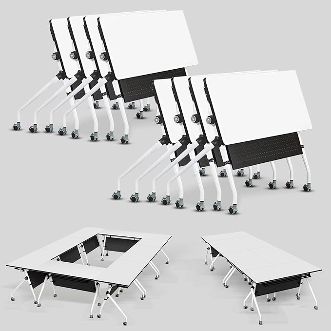 Conference Table, Folding Conference Room Tables, Mobile Training Tables with Silent Wheels, Large Rectangular Modular Seminar Table Office Computer Desks for Classroom White (8Pack L47.2in)