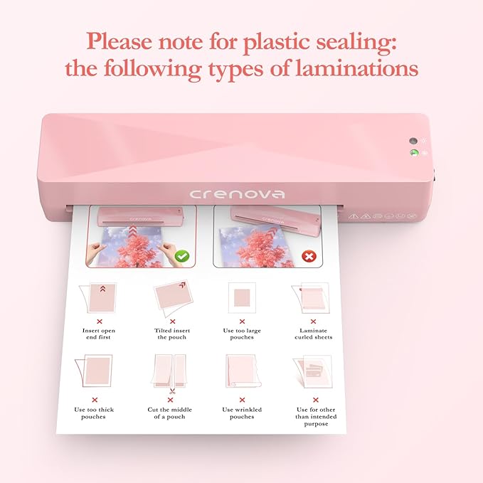Crenova A4 Laminator Machine 4 in 1 Personal Desktop Hot & Cold with 10 Laminating Pouches No Bubbles 9 Inch Thermal Laminator for Home Office School Business Use Pink