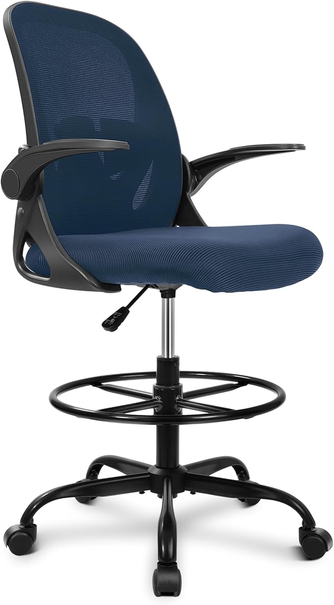 Drafting Chair, Tall Office Chair Ergonomic Standing Desk Chair,with Adjustable Footrest Ring, 3D Lumbar Support, Flip-up Armrests, Swivel Desk Stool for Drawing Working Navy