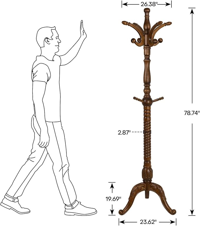 Coat Rack Freestanding Tree Stand with 8 Hooks, 79'' Heavy Duty Premium Ash Wood Hanger Stand, Floor Standing Clothes Hat for Entryway, Corner,Hallway,Bedroom, Office,Brown-Style 2