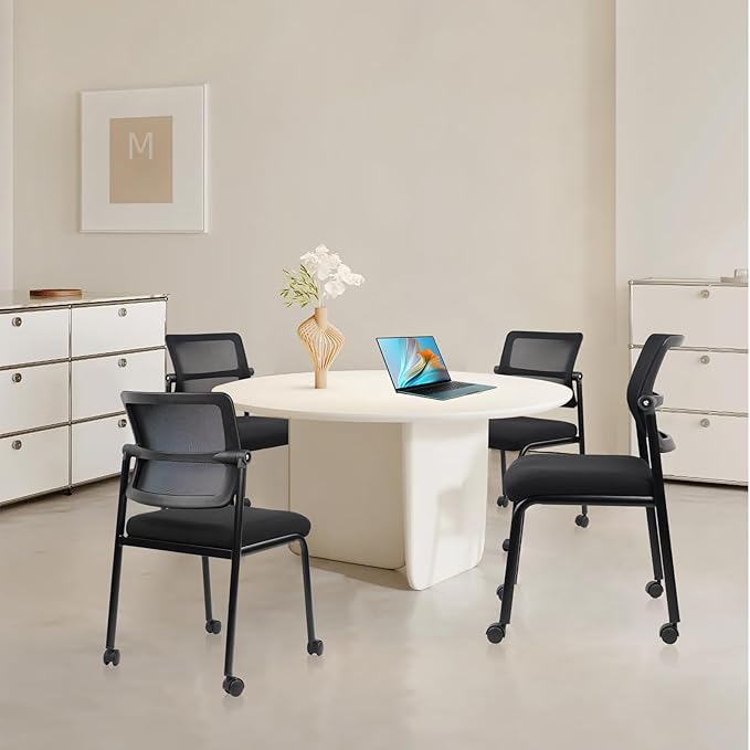 CLATINA Stacking Chairs 8 PK, Adjustable Backrest Stackable Mesh Office Waiting Room Armless Chair with Wheels for Guest Reception Conference Lobby Side School, Black