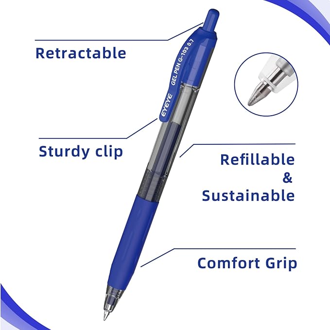 EYEYE G-103 Retractable Gel Blue Pens 0.7mm, 10 Pack Medium Point Ballpoint Pen Quick Drying, Pen Fine Point Smooth Writing Pens for Office School Supplies