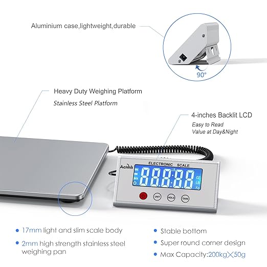 Digital Shipping Scales 440 pounds, Stainless Steel Heavy Duty Postal Scale for Warehouses, Homes, Offices, and Courier Companies, Including Product Manuals and adapters