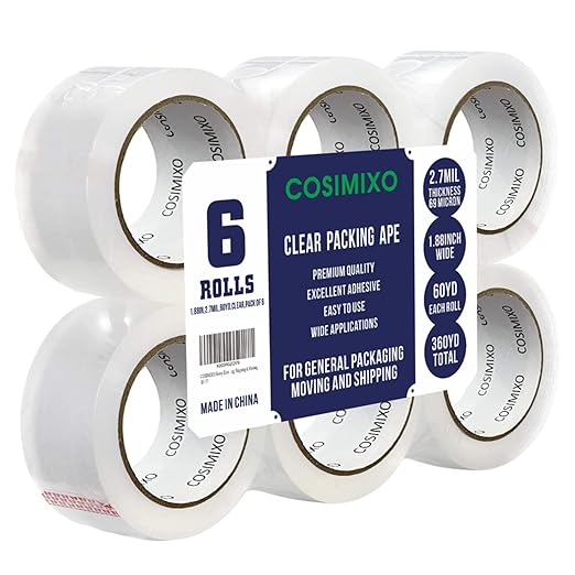 COSIMIXO Heavy Duty Packing Tape 2.7mil x 1.88" x 60 Yards, 6 Rolls,Industrial 3" Core, Clear, Great for Packing, Shipping & Moving