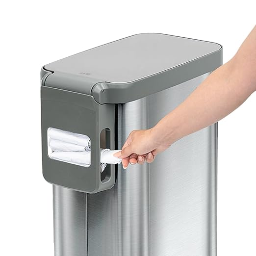 Glad Slim Trash Can with Clorox Odor Protection - Narrow Kitchen Garbage Bin with Soft Close Lid, Step On Foot Pedal and Waste Bag Roll Holder, All Stainless, 45 Liter