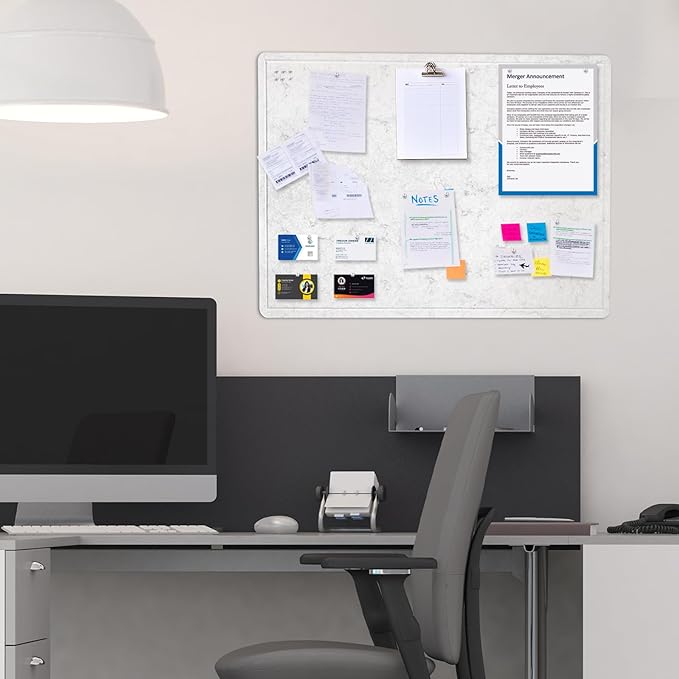 Bulletin Board, 24 x 18 Inches Felt Decorative Pin Board, Cork Alternative for Wall, Foldable Photo Self-Adhesive Vision Mood Board With 20 Pushpins - Marble White