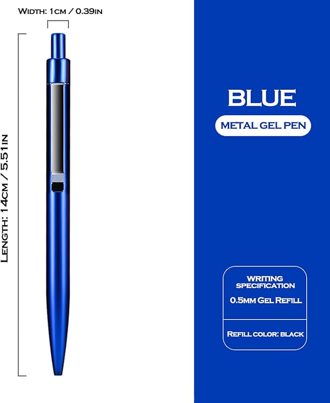 DUNBONG Blue Metal Gel Pen, Gel Ink Ballpoint Pen, Black Ink, 0.5mm Retractable Ink Pen (Blue)