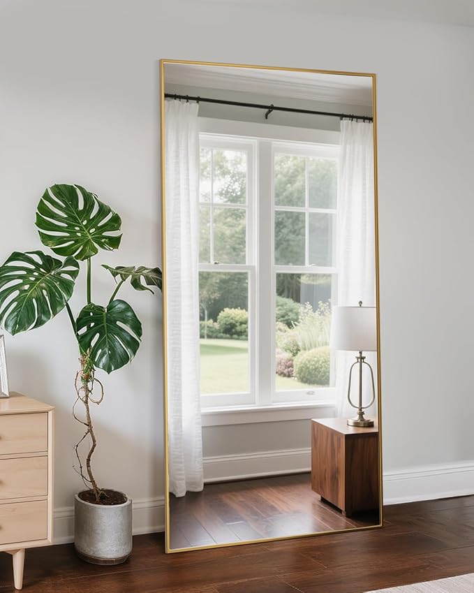 Full Length Mirror, 71"x28" Oversized Floor Mirror Freestanding, Full Body Mirror Floor Standing Mirrors with Stand, Hanging Mounted Mirrors for Bedroom Living Room, Gold, Rect Style