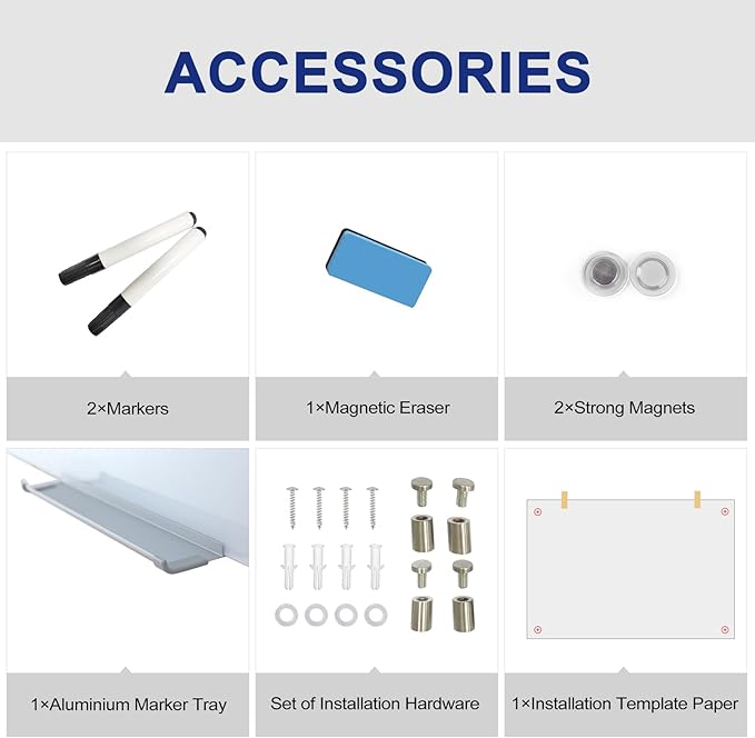 Glass Magnetic White Board - 48 x36 Inches Frameless Dry Erase Whiteboard for Wall, Writing Board for Meeting, Wall Mounted Glass Board for Office and Schools