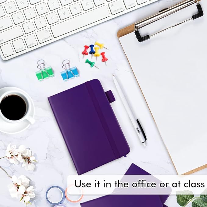 feela 6 Pack Pocket Mini Notebooks Bulk, Small Cute Memo Notepads Hardcover College Ruled Lined Journals with Pen Holder for School Business Work, with 6 Black Pens, 3.5”x 5.5”, A6, Purple