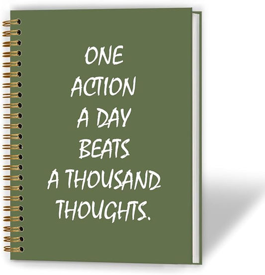 Green Inspirational Notebook, Motivational Journal, Positive Affirmation Journal for Women, One Action a Day Beats a Thousand Thoughts Hardcover Spiral Notebook, 5.5x8.3 Inch