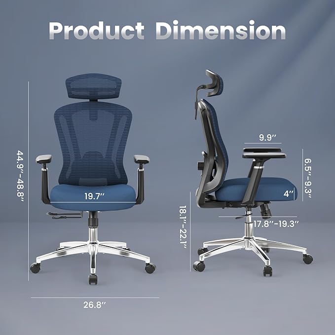 Farini Office Chair Ergonomic Desk Chair, High Back Computer Chair with Wheels, Home Sutdy Chair for Heavy People, Office Chair Adjustable Seat Depth, 3D Armrests and Adjustable Headrest, Blue