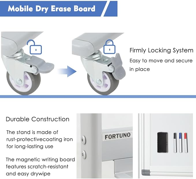FORTUNO Magnetic Mobile Whiteboard 48"x36", Rolling Double Sided Dry Erase Board with Stand, Reversible Adjustable Height/Angle Easel White Board on Wheels 4' x 3' for Office Classroom Home