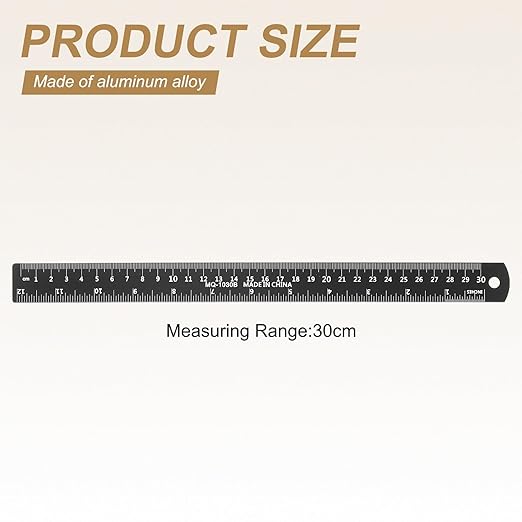 HARFINGTON 4pcs Metal Straight Ruler 30cm Metric SAE Aluminum Alloy Measuring Rulers Scale Tool with Hole for Measure Study Reading Classroom Office, Black