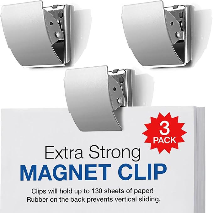 Extra Strong Magnetic Binder Clips, Set of 3 Large Silver Clips for Fridge, Office, and Home Use