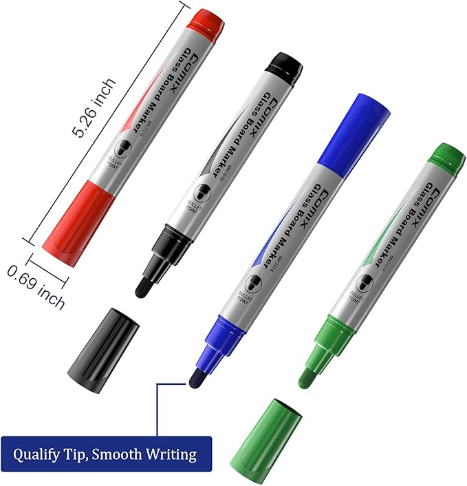 Comix Glass Board Dry Erase Markers, Low Odor Whiteboard Markers, Bullet Tip, 4 Assorted Colors, 12 Pack