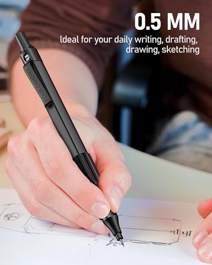 Four Candies 0.5mm Mechanical Pencil Set with Case, 3PCS Metal Artist Lead Pencil with 8 Tubes (480PCS) HB Lead Refills, 3 Erasers, 9 Eraser Refills For Engineer Art Writing Drawing Drafting, Black