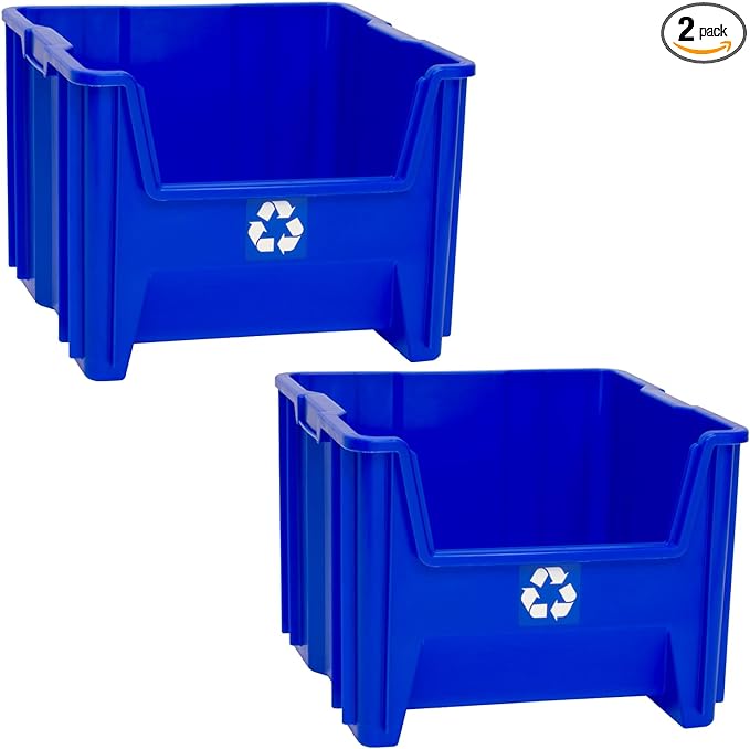 Commercial Industrial Heavy Duty Stackable Open-Front Recycling Bin Box Containers, 12 Gallon, 2 Pack, Blue