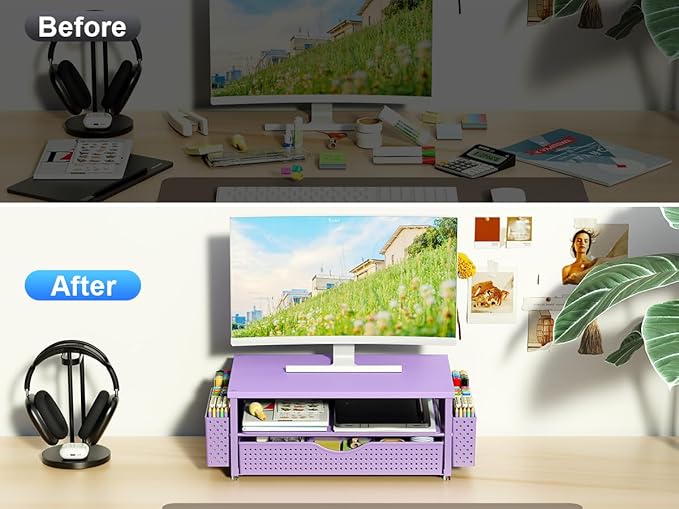 Desk Organizer and Accessories, Computer Monitor Stand Riser with Drawer and 2 Pen Holders, Office Desk Accessories & Workspace Organizers for Office Supplies (Purple)
