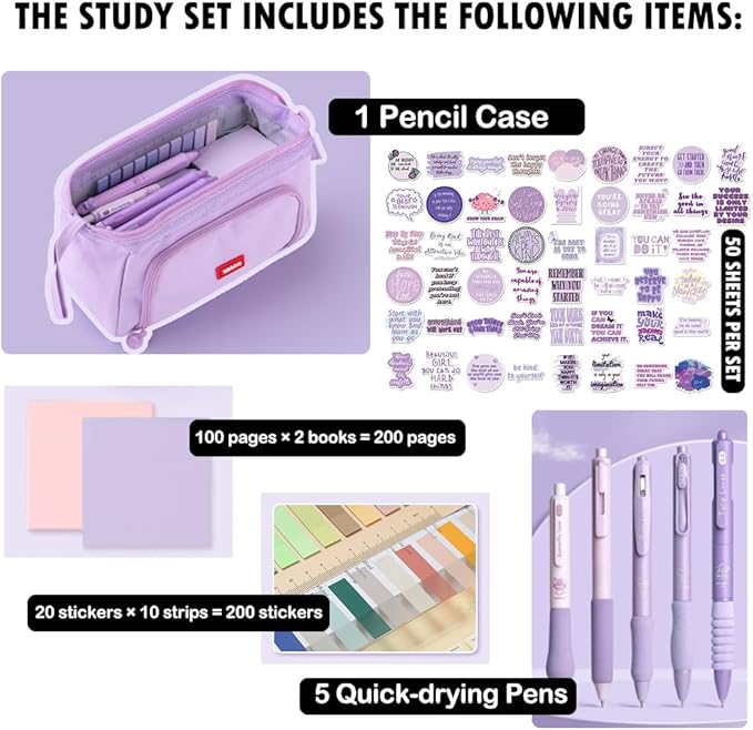 HVOMO Stationery Set,1 large-capacity pencil case,5 quick-drying pens,50 waterproof stickers,2 sticky note pads(200 sheets),1 set of 10-color index labels (200 sheets),Student stationery gift (Purple)