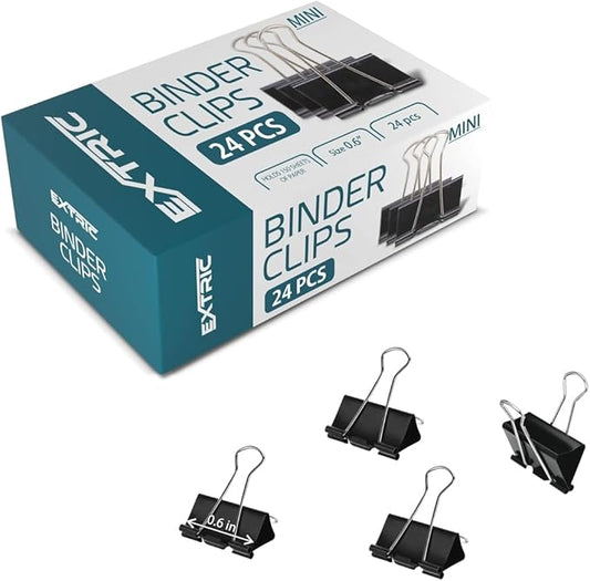 Binder Clips - 24 Mini Binder Clips, 0.6 Inch Black Paper Clamps, File Clip for Home, Office and School Supplies