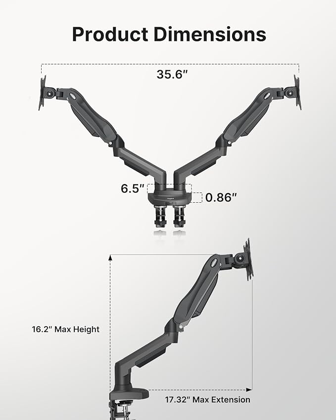 HUANUO Dual Monitor Stand - Full Adjustable Monitor Desk Mount Swivel Vesa Bracket with C Clamp, Grommet Mounting Base for 13 to 32 Inch Computer Screens - Each Arm Holds 4.4 to 19.8lbs -Grey