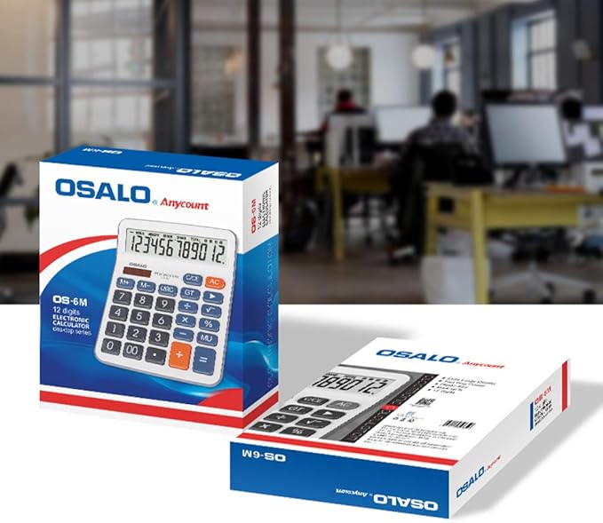 Desktop Calculator Large LCD Display 12 Digit Number Handheld Portable Pocket Basic Calculator with Big Soft Sensitive Button, Battery and Solar Powered, for Office Home School Use(OS-6M)