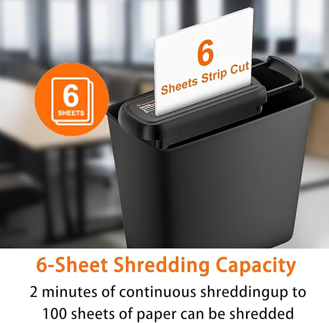 Bonsaii 6-Sheet Paper Shredder for Home Office, Portable Compact Design with Extendable Handle & Overheat Protection, 3.4 Gal Wastebasket