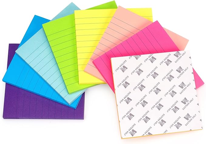 Eastern Wolf 8 Pads Lined Sticky Notes 4x4 Sticky Notes with Lines Self-Stick Note Pads 8 Bright Multi Colors, 50 Sheet/Pad