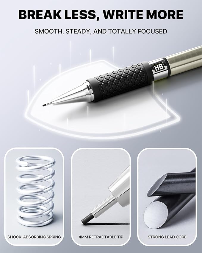 Four Candies Metal Mechanical Pencil Set - 6PCS 0.7mm Art Mechanical Pencils & 360PCS HB Lead Refills & 3PCS Erasers & 9PCS Eraser Refills, Drawing Mechanical Pencils for Writing, Sketching/With Case