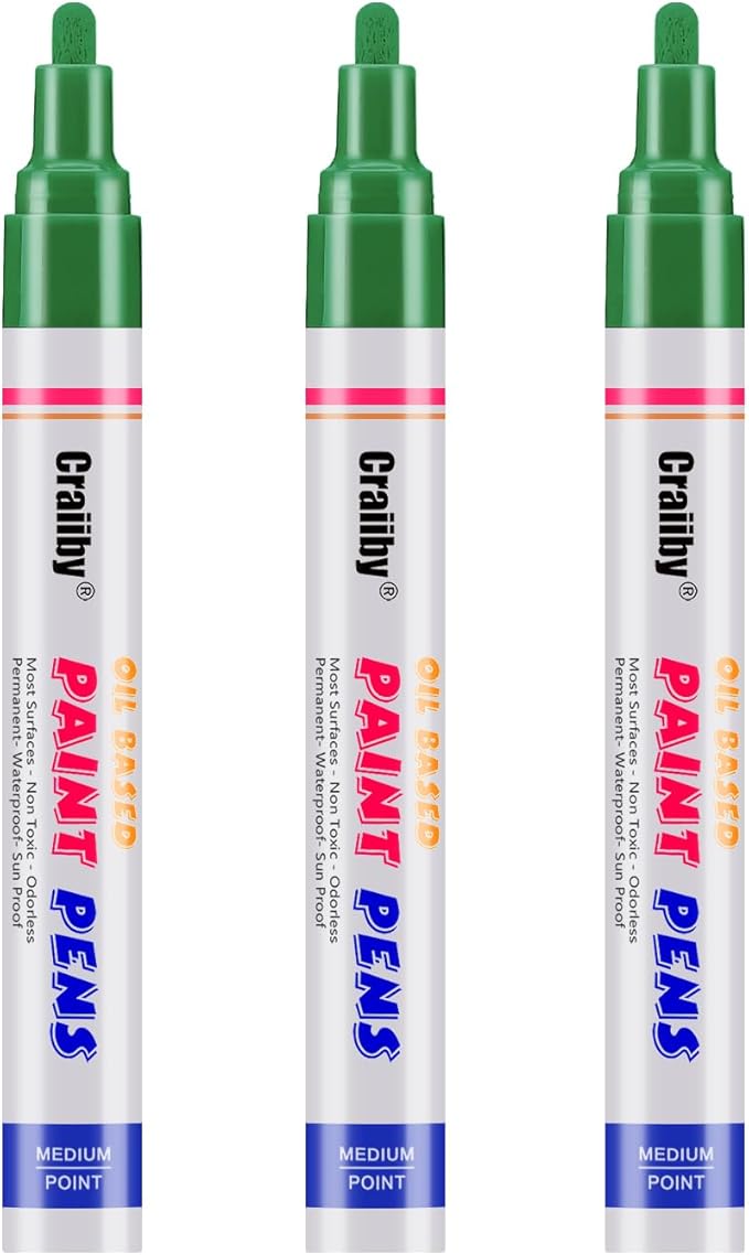 Green Paint Markers, 3 Pack Oil-Based Waterproof Quick Dry Permanent Paint Pen Set for Rocks Painting, Wood, Fabric, Plastic, Canvas, Glass, Mugs, Metal, Tire, Stone, DIY Craft