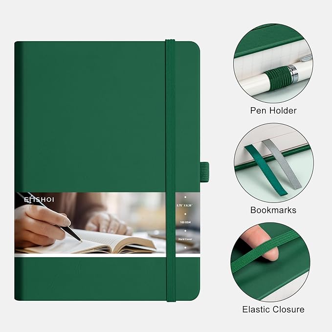 EMSHOI A5 College Ruled Notebook Journal- 400 Pages (200 sheets), 7mm Spacing & Vegan Leather Cover for Work, School, Bible Study, Bullet Journaling- with Sticky Notes, Pocket & Pen Holder- Dark Green
