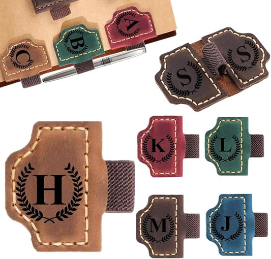 Custom Bookmark with Pen Holder with 26 Letters Personalized Magnetic Leather Book Mark, Customized Name Book Marker Clip with Initial for Men Women, Gifts for Book Lovers, Readers, (Brown, H)