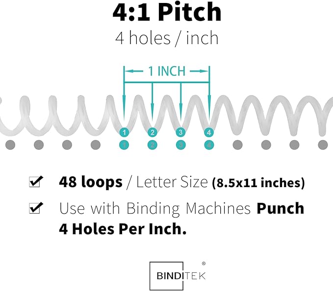 Binditek 50 Pack Plastic Spiral Binding Coils, 12mm(1/2"), 90 Sheet Capacity, 4:1 Pitch, White, 48Loops, for Letter Size, for Students and Coworkers