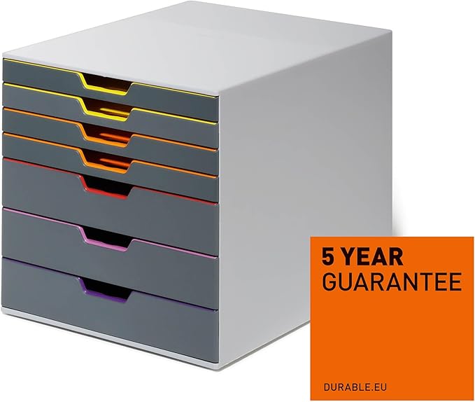 Durable Varicolor 7 Drawer Unit - Gray Desktop Drawer Set with 7 Color Coded Draws - Letter to Folio Size Files - Perfect for Storing Documents and Paper Work