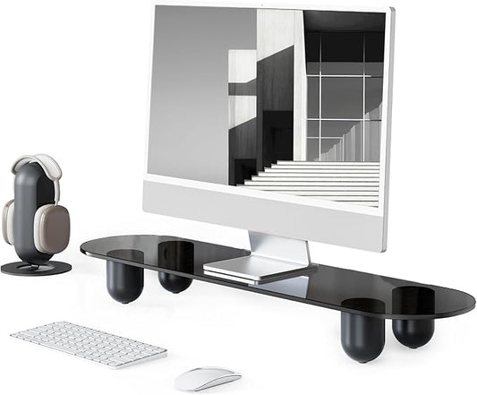 Fenge Monitor Stand Riser, 34 Inch Dual Monitor Riser for Large Monitors, Desk Organizer with Glass Shelf & Solid Wood Legs, Computer Stand for Laptop, TV, PC, Printer, Black